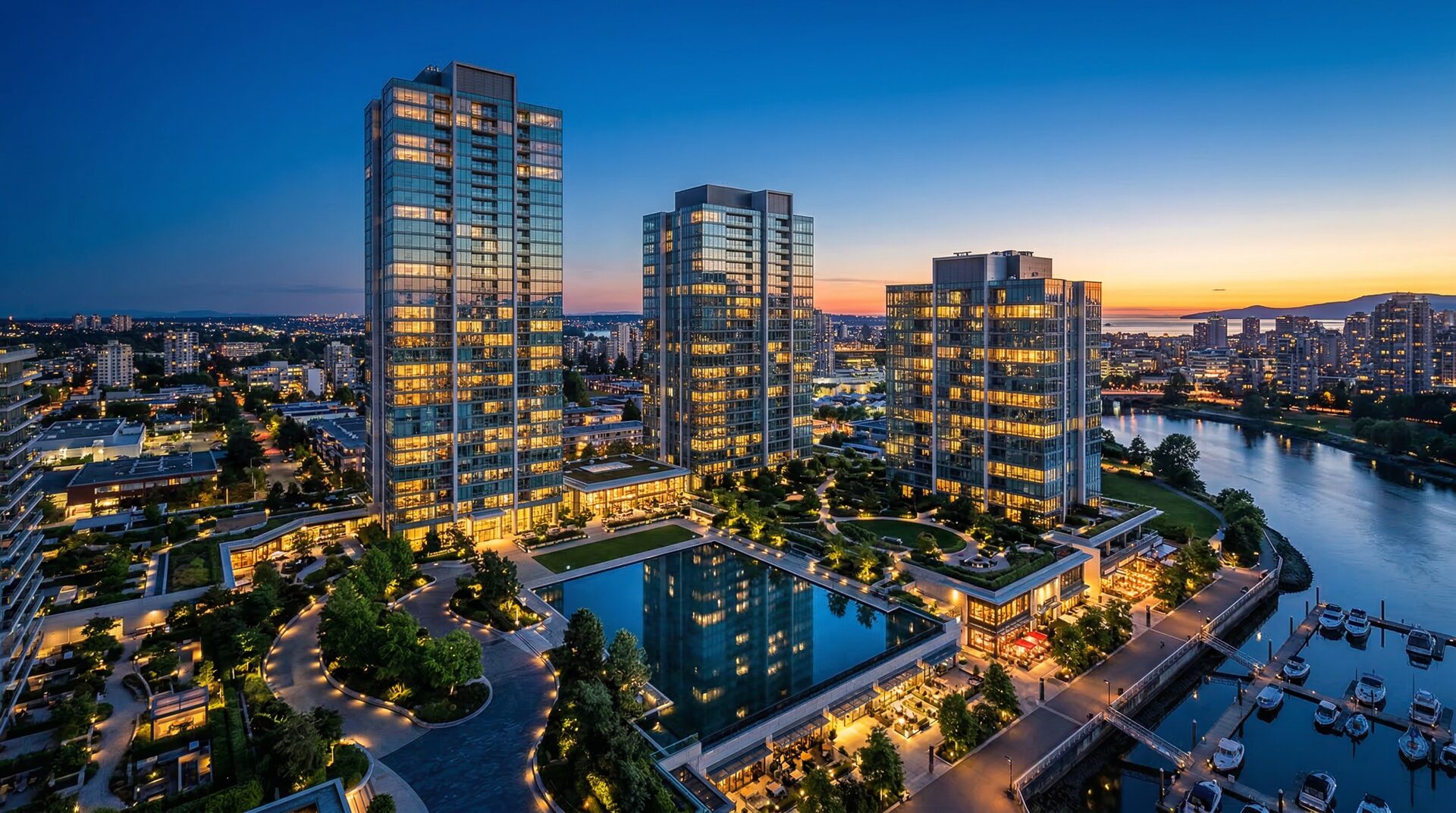 Luxury mixed-use development at twilight