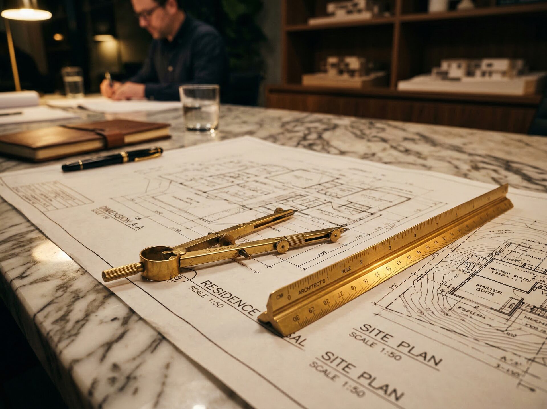 Architectural blueprints on marble desk